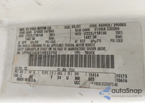 2001 Ford E-250 Commercial/Recreational from USA, damaged, VIN 1FTNE24L81HB55700